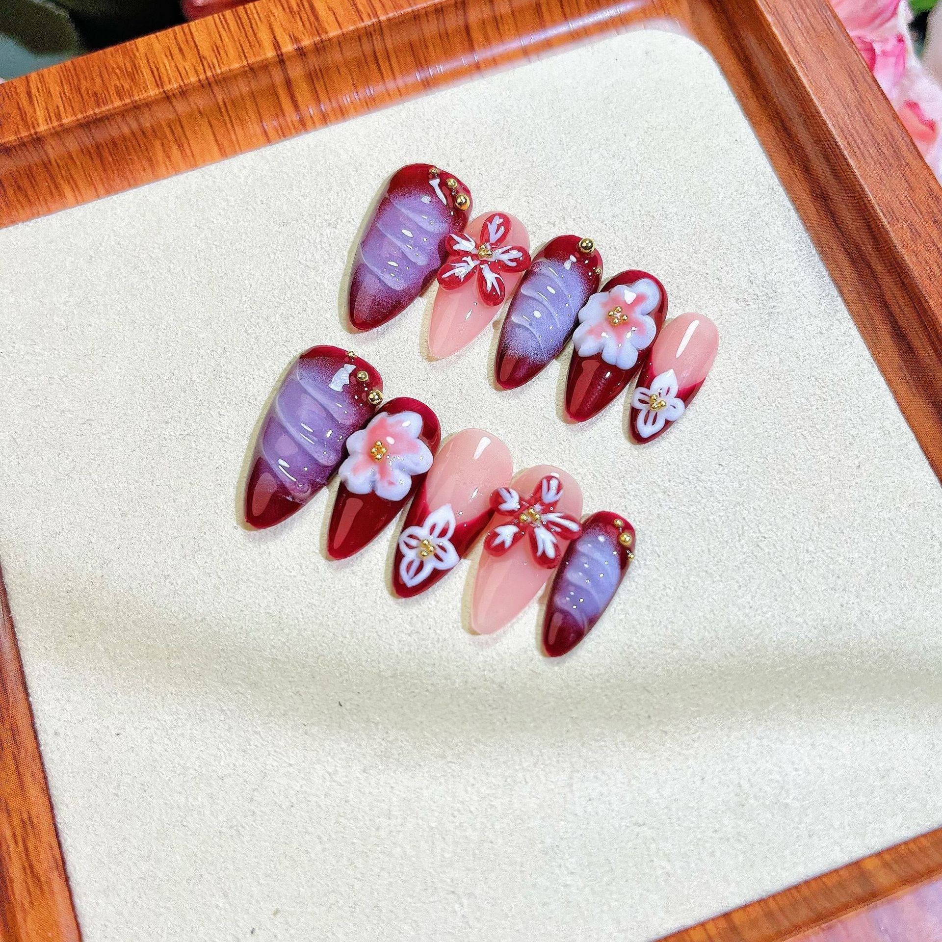 Blooming Red & Lilac Almond Nails