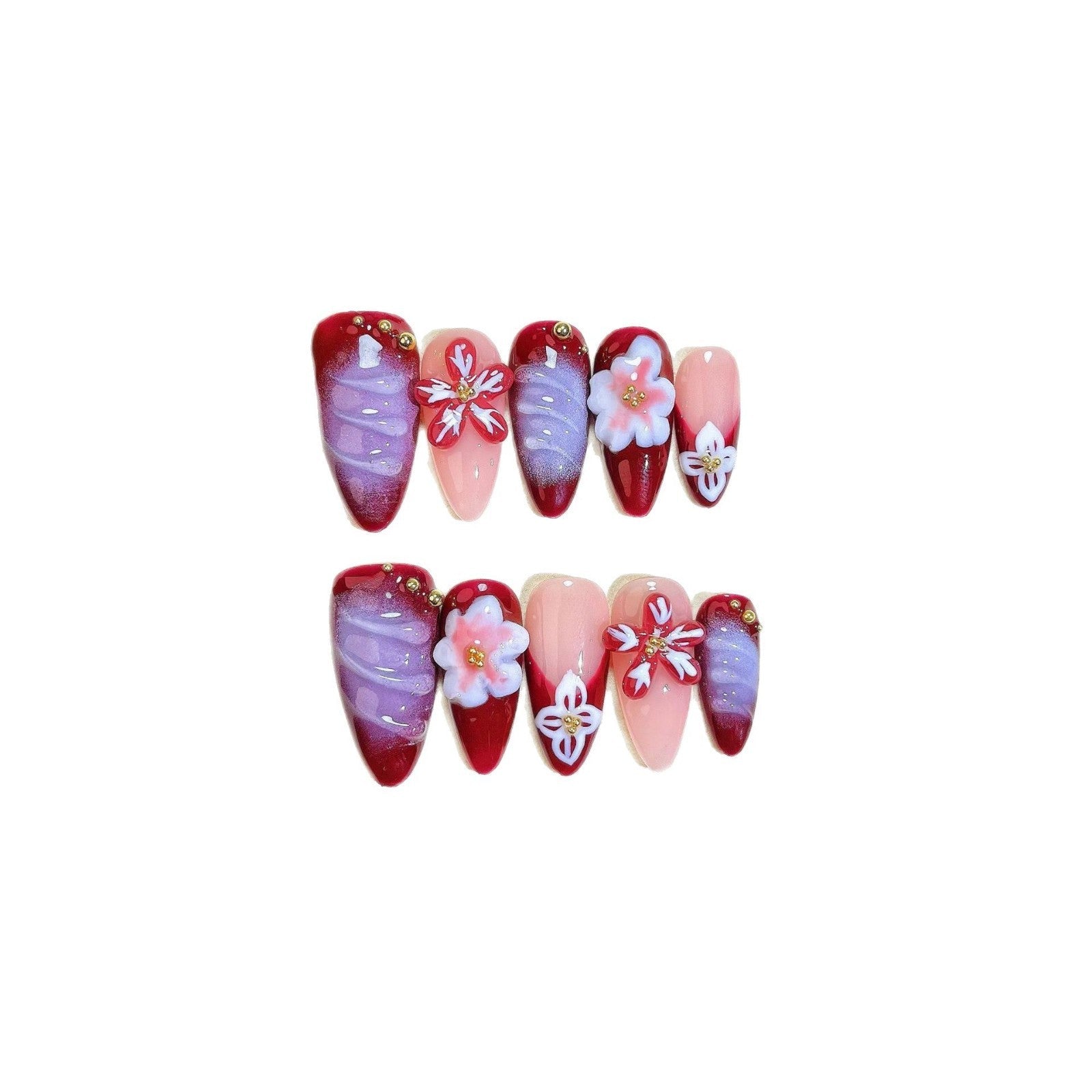 Blooming Red & Lilac Almond Nails