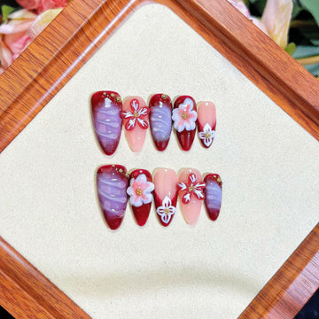 Blooming Red & Lilac Almond Nails
